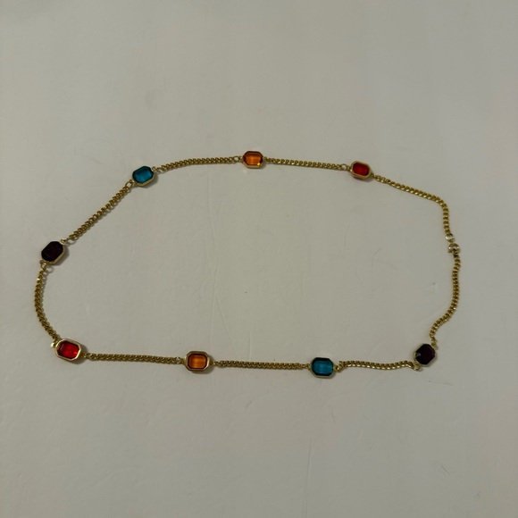 VINTAGE NECKLACE GOLD TONE CHAIN MULTI COLOR RED PURPLE GREEN FACETED GLASS 28” - Picture 5 of 9